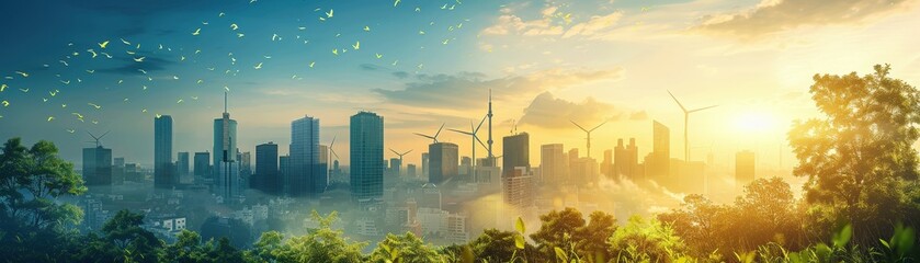 Stunning Urban Skyline with Wind Turbines at Sunrise and Sunset, Blending Nature and Modern Architecture