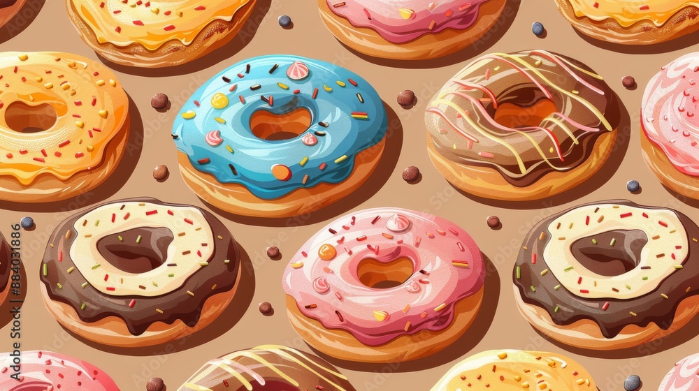 Poster seamless pattern of various delicious donuts with colorful sprinkles and frosting.