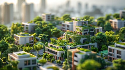 Fototapeta premium Sustainable Urban Living: Modern Eco-Friendly Buildings with Green Roofs and Lush Vegetation in a Futuristic Cityscape