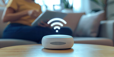  WiFi signal, emanating from a small white device with a speaker on a wooden table.