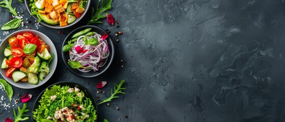 Assorted healthy salads in bowls on a dark background. Fresh vegetables and vibrant ingredients perfect for a nutritious meal.