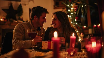 Romantic couple exchanging Valentine's gifts over a candlelit dinner.