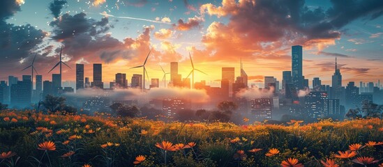 Stunning Urban Skyline at Sunset with Wind Turbines and Flower Field in Foreground