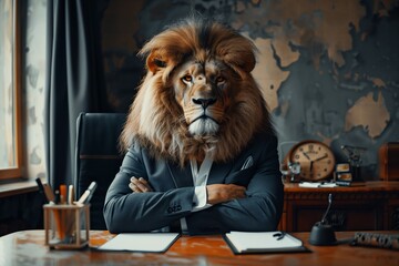 Lion businessman in a stylish classic suit posing sitting in office