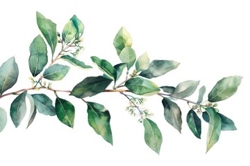 Obraz premium Watercolor Myrtle Branch with Fresh Leaves. Botanical Illustration of Mediterranean Tree in White Background