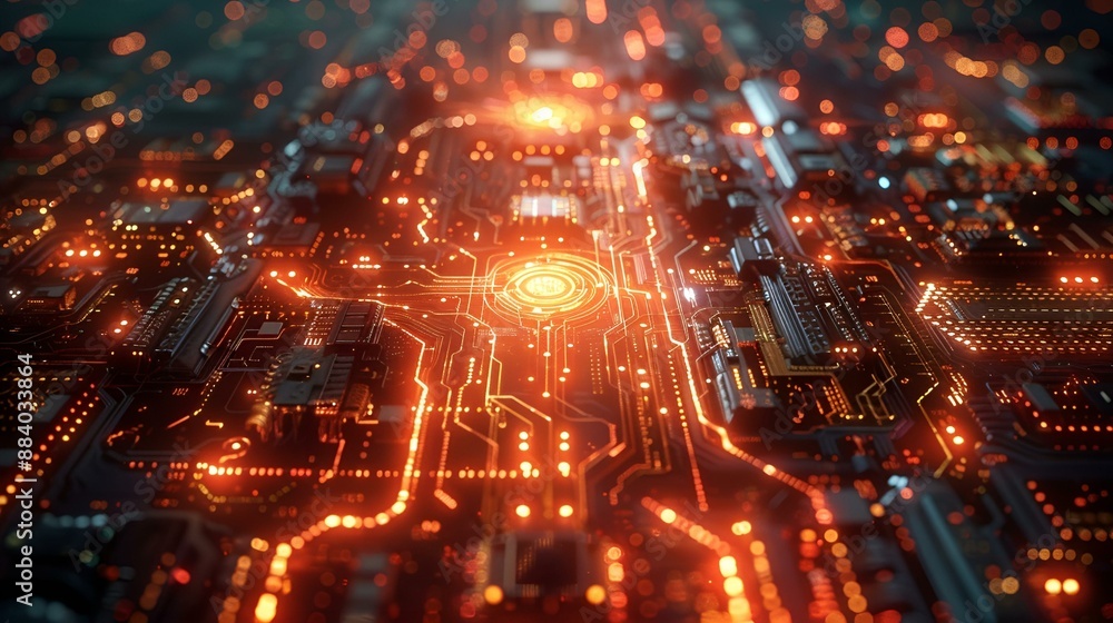 Poster glowing lights illuminate a computer circuit board.