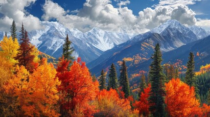 Autumnal Blaze in the Snow-Capped Mountains, vibrant fall foliage , scenic nature , mountain landscape , breathtaking view