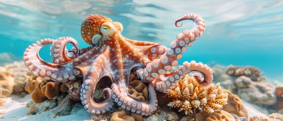 Naklejka premium Beautiful octopus with intricate patterns explores vibrant coral reef in clear blue ocean water, showcasing marine life.