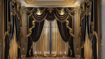 Black curtains contrast with gold.