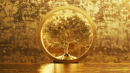 Naklejka premium Golden Tree in an Oval Frame, 3D Render, Abstract Background, Nature Art, gold, tree, frame