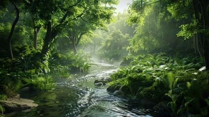 Obraz premium Lush Green Jungle River, Digital Painting, Foggy Forest, Stream, Nature , rainforest , jungle