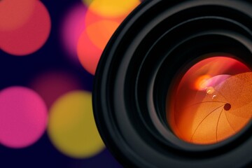 Professional Camera Lens Close-Up with Colorful Reflections and Bokeh in 4K
