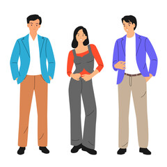 Set of  two men and woman stand, couple, different colors, cartoon character, silhouettes standing  people, fashion model, design concept flat icon, hand draw vector illustration, isolated on white