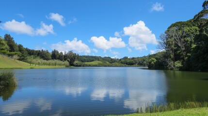 Obraz premium Serene Lake Reflecting Clouds and Lush Greenery, landscape , nature , lake , reflection