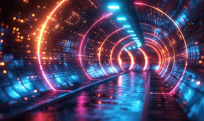 Fototapeta premium With a dark blue abstract background illuminated by neon lights, this futuristic scene showcases a high-speed network, big data processing in a data center, and server technology