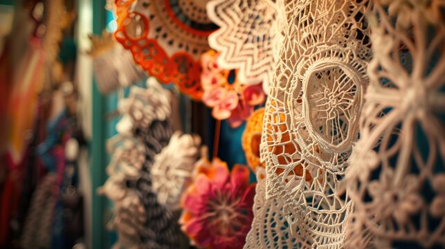 Close-up of the intricate lacework displayed in a shop window on Burano island, showcasing the traditional craft with vibrant shop background, Portrait close-up, hyper-realistic, high detail,