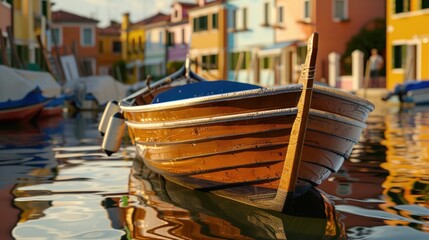Obraz premium Close-up of a traditional wooden boat docked along the canal in Burano, Italy, with vibrant houses and water reflections in the background, showcasing the local maritime heritage, Portrait close-up,