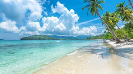 Naklejka premium Tropical Beach Paradise Palm Trees, Clear Water and Fluffy Clouds, beach , tropical , paradise , vacation