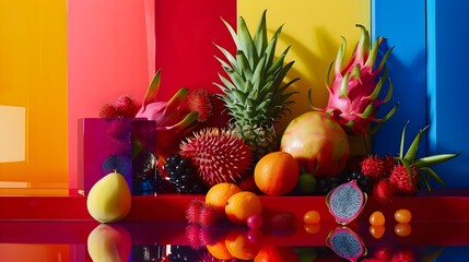 Vibrant Tropical Fruit Composition in Sleek Geometric Still Life
