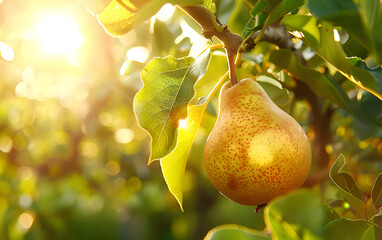 pears are growing on a tree in the orchard in the sun on the lawn. Ripe green Williams pear growing on sunny branch.
