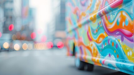 Close-up of a colorful bus with vibrant graffiti art on a busy urban street with blurred lights and buildings in the background.