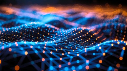 Fototapeta premium Abstract futuristic digital landscape with glowing dots and connected lines, representing data exchange and technology networks.