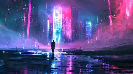 Captivating Chromatic Frequencies in Retrofuturistic Neon Cityscape