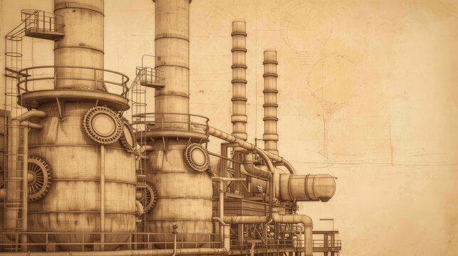 Industrial complex for methane production, steampunk, sepia tones, sketch, detailed gears and machinery with gas tanks and pipelines, showing energy conveyance system