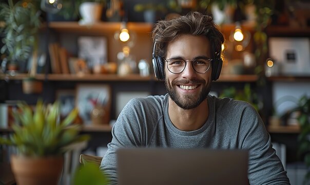 Smiling young male intern in headphones uses a laptop in a creative office, while a happy student has an online lesson or does homework while sitting.