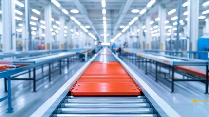 Fototapeta premium Inside a high-tech manufacturing plant, where automated machinery and conveyor belts produce network components, surrounded by a clean, organized workspace and advanced infrastructure