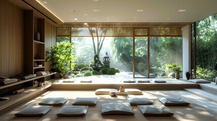 Serene yoga studio with floor cushions and large windows overlooking a tranquil garden, offering a peaceful and calming environment for meditation.