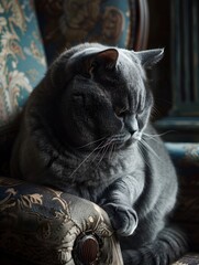 A Prim and Poised British Shorthair Cat Grooming Itself in an Elegant Renaissance Inspired Interior