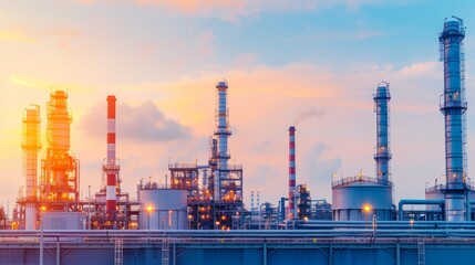 Obraz premium Massive industrial sector, multiple factories, smoke stacks, natural gas tanks, heavy machinery in operation, blue sky with some clouds, focus cover all object, deep dept of field