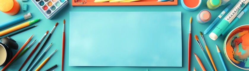 Obraz premium Art and hobby desk with organized supplies, colorful workspace setup, flat design illustration