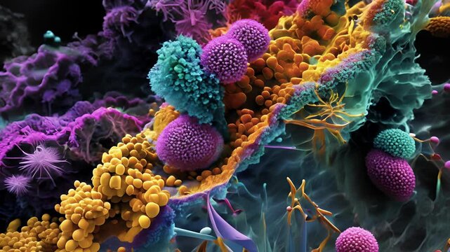 An electron microscope image of a rie attached to the endoplasmic with newly synthesized proteins being transported through the cell.