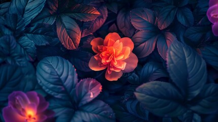 Glowing orange flower in a dark garden with blue leaves