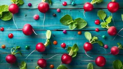 Radish Grid Pinned to Board with Colorful Thumbtacks for Healthy Cooking and Food Styling