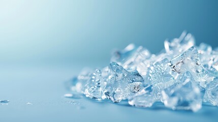 Obraz premium Close-up of clear ice cubes on a blue background, showcasing freshness and coolness, perfect for refreshing and chilling concepts.