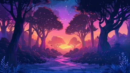 Obraz premium Mystical journey through the enchanted forest at sunset