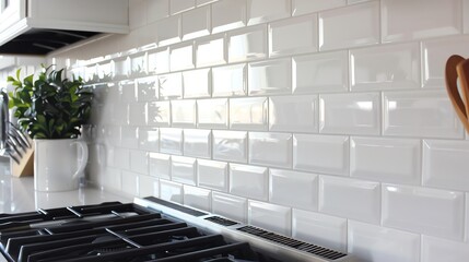 Beveled white tile backsplash