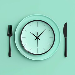 Clock on a mint green plate with cutlery symbolizing intermittent fasting.