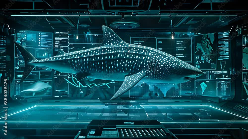 Poster A whale shark is displayed on multiple digital screens in a futuristic lab setting