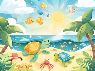 Naklejka premium 2. Charming beach scene featuring adorable turtle characters basking in the sun, with a lively underwater world of fish, coral, and crabs beneath them, and a picturesque shoreline with coconut trees