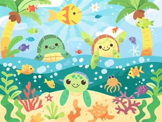 3. Delightful summer beach illustration with cute turtles exploring both the sea and the shore, accompanied by cheerful fish, vibrant coral, and playful crabs, under the shade of coconut trees and a