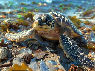 Turtle Resting on Beach Highlighting Need for Reduced Packaging Waste to Protect Marine Life