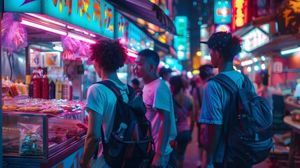 Multicultural Friends Exploring Vibrant Night Market with Neon Signs and Street Food Stalls
