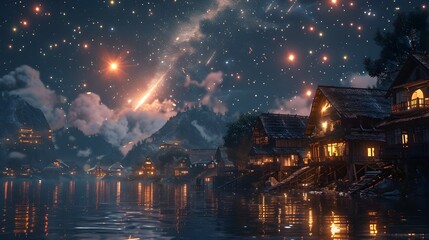 Magical Winter Night with Meteor Showers Illuminating a Cozy Village by the Lake