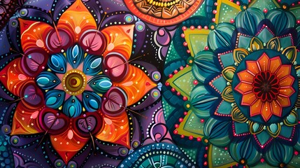 Intricate mandala patterns with vibrant colors and symmetrical designs, perfect for eye-catching and decorative backgrounds. 