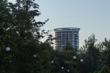Destroyed business center after ballistic missile attack, Kyiv, Ukraine. Broken windows on building...