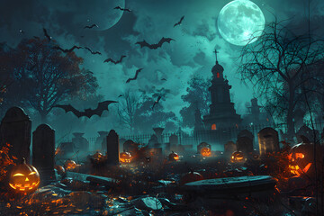 Obraz premium spooky cemetery with pumpkins, graves, halloween bats